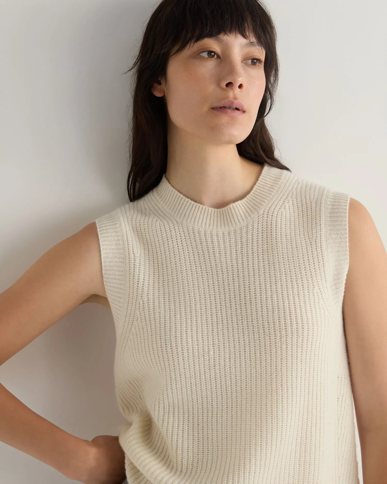 Women N.Peal White | Natural*Women's Rib Round Neck Cashmere Tank Top