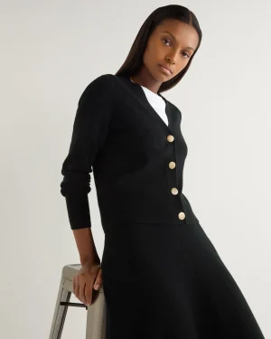 Women N.Peal Black | Ribbed Cashmere*Women's Rib V Neck Cashmere Cardigan