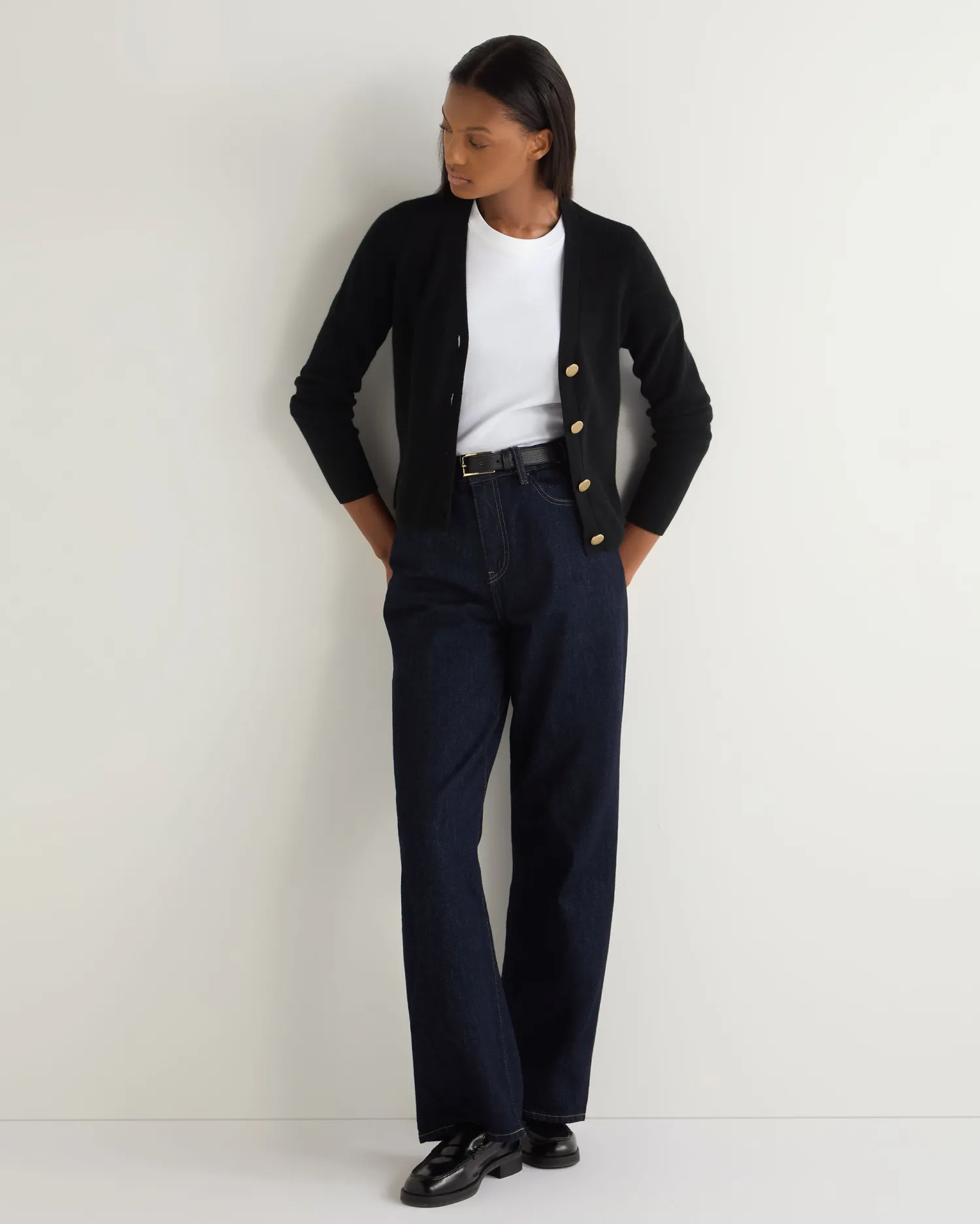 Women N.Peal Black | Ribbed Cashmere*Women's Rib V Neck Cashmere Cardigan