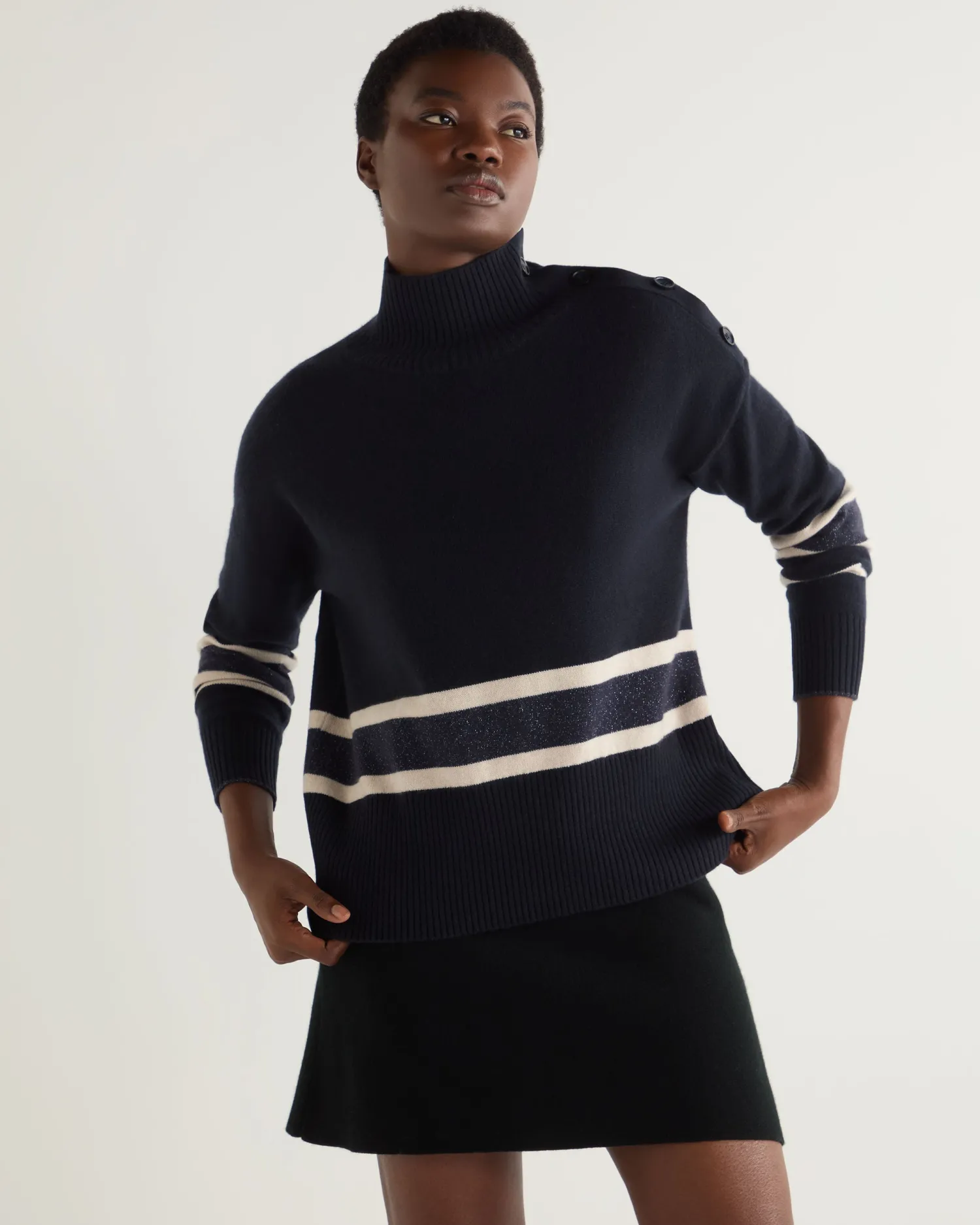 Women N.Peal Navy | Blue*Women's Stripe Mock Neck Cashmere Sweater With Lurex
