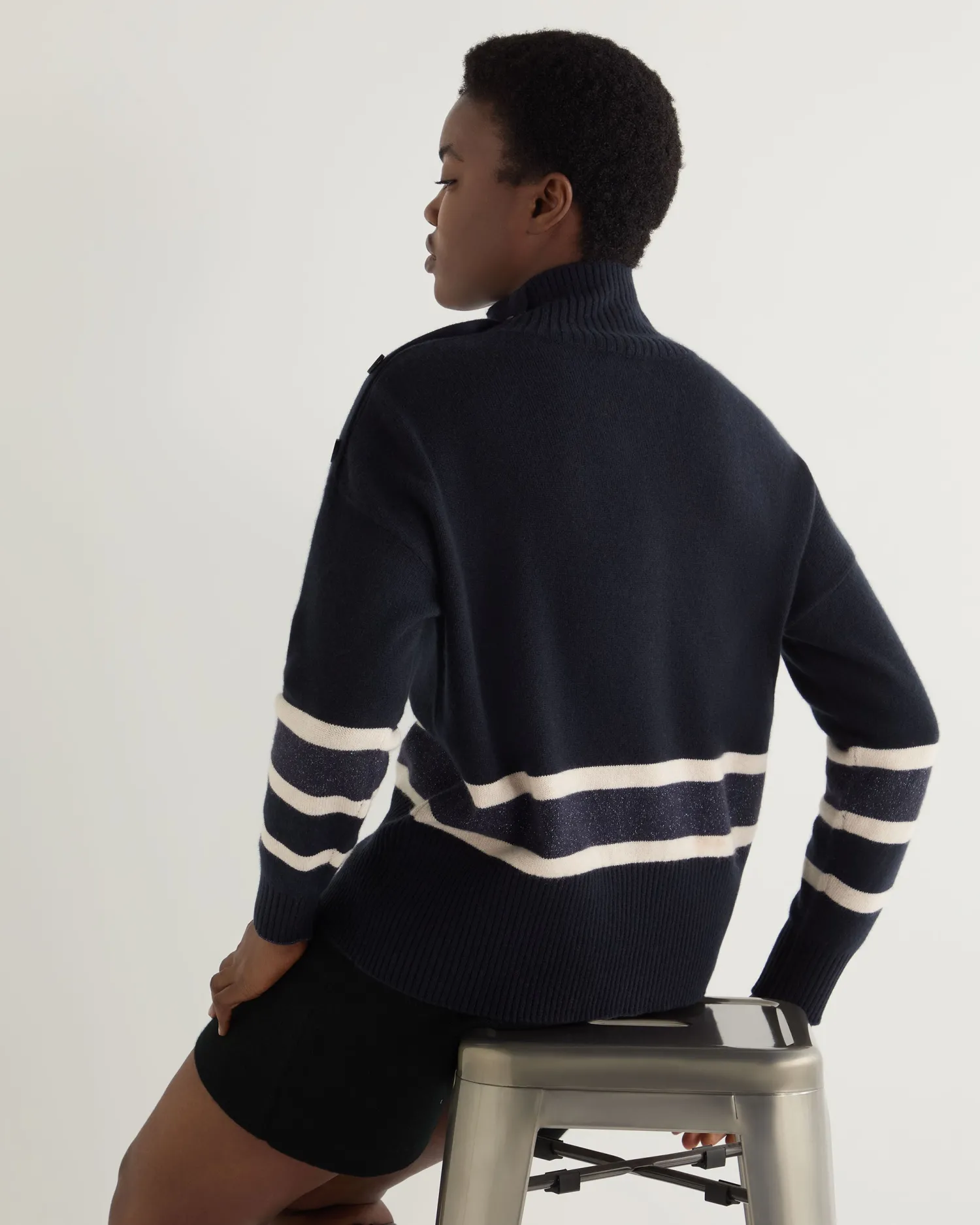 Women N.Peal Navy | Blue*Women's Stripe Mock Neck Cashmere Sweater With Lurex