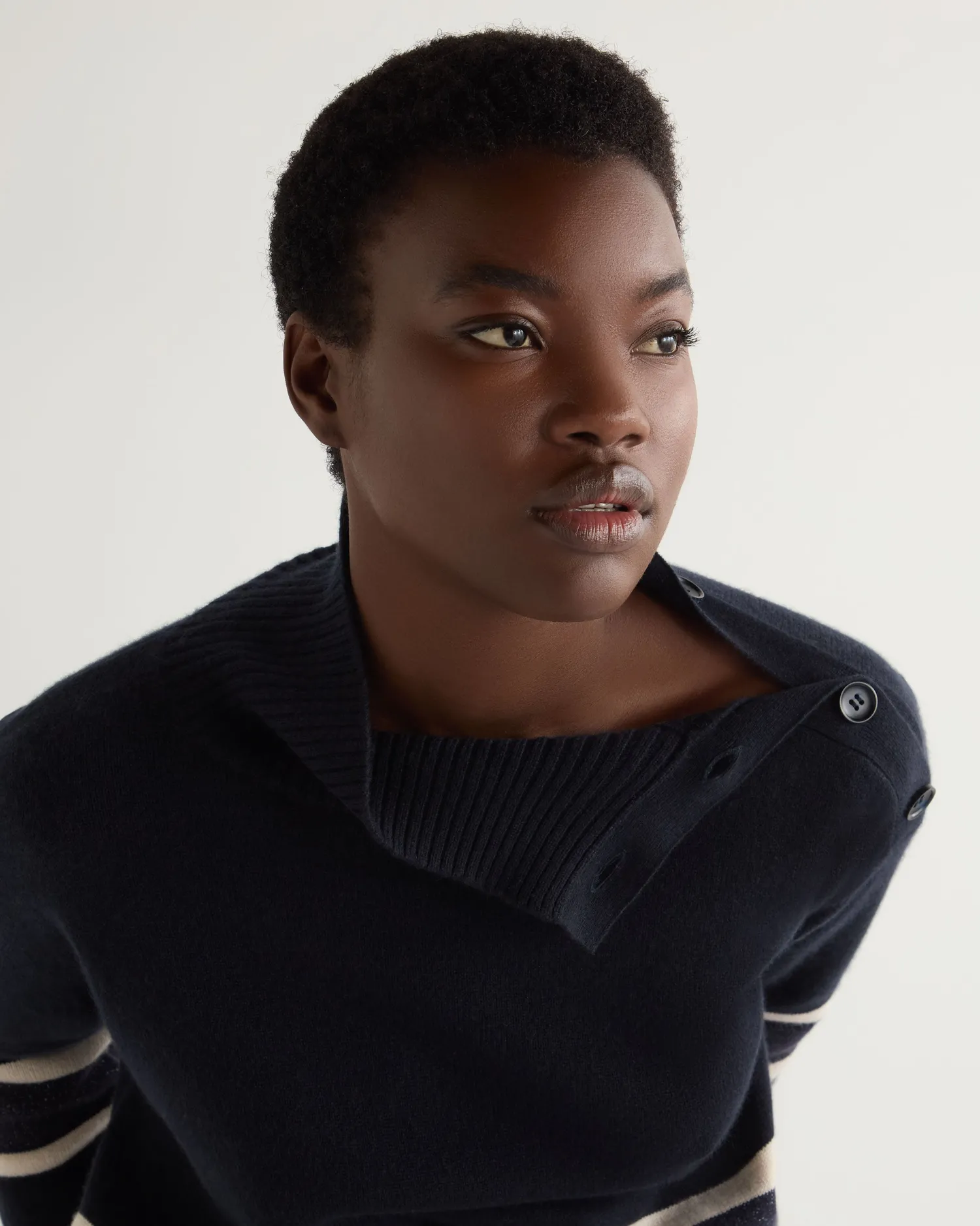 Women N.Peal Navy | Blue*Women's Stripe Mock Neck Cashmere Sweater With Lurex