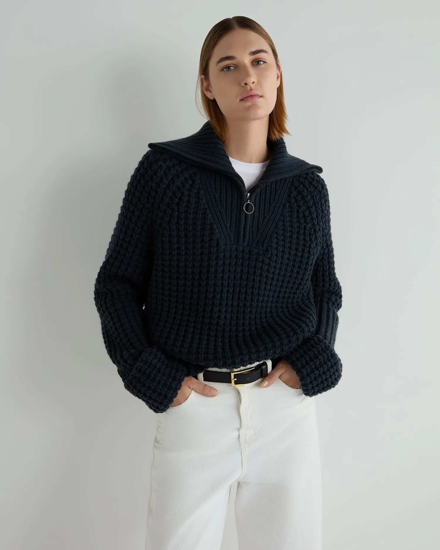 Women N.Peal Blue | Ribbed Cashmere*Women's Super Chunky Rib Half Zip Cashmere Sweater