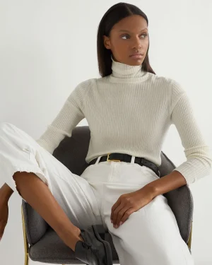 Women N.Peal White | Natural*Women's Superfine Cashmere Ribbed Turtle Neck Sweater