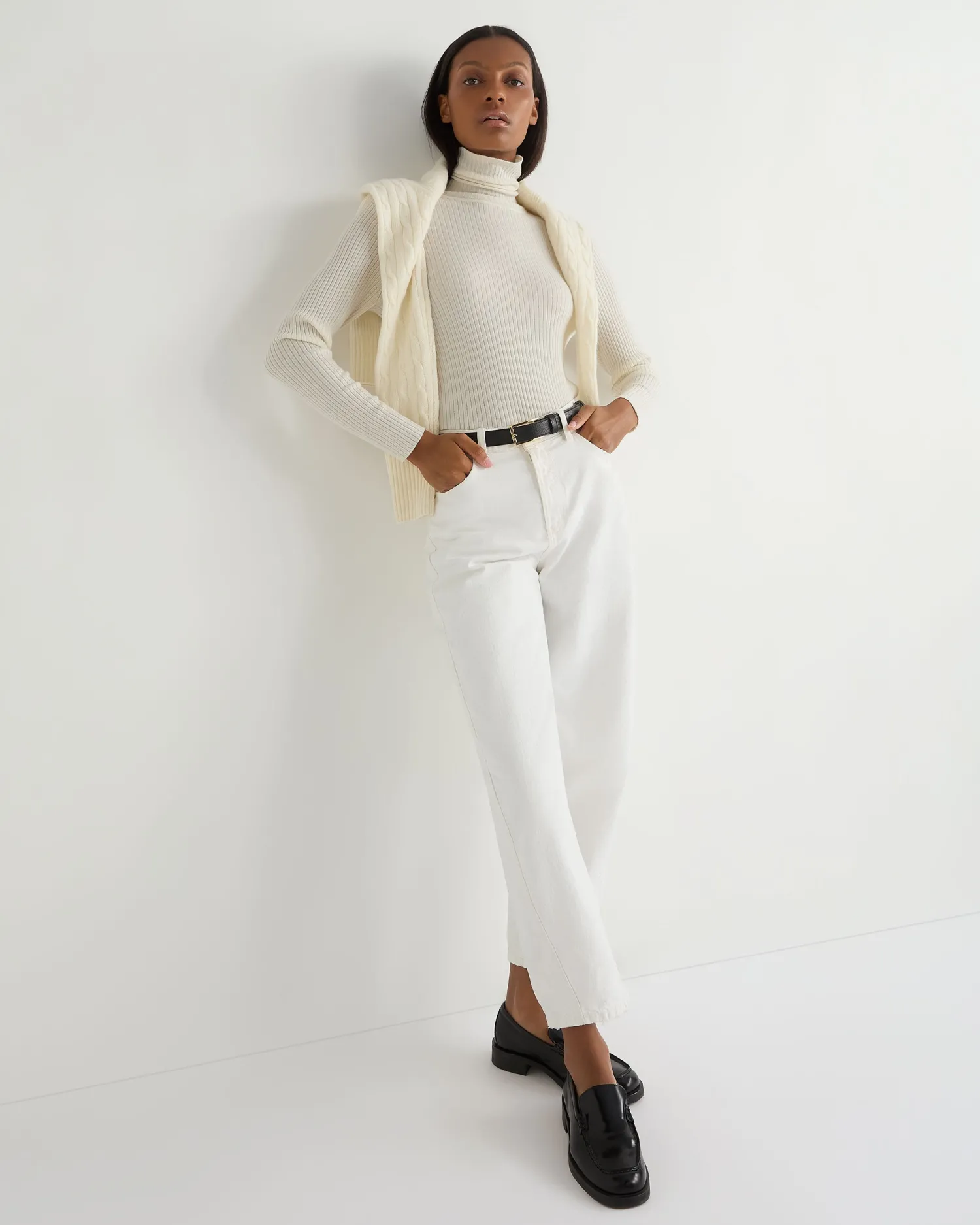 Women N.Peal White | Natural*Women's Superfine Cashmere Ribbed Turtle Neck Sweater
