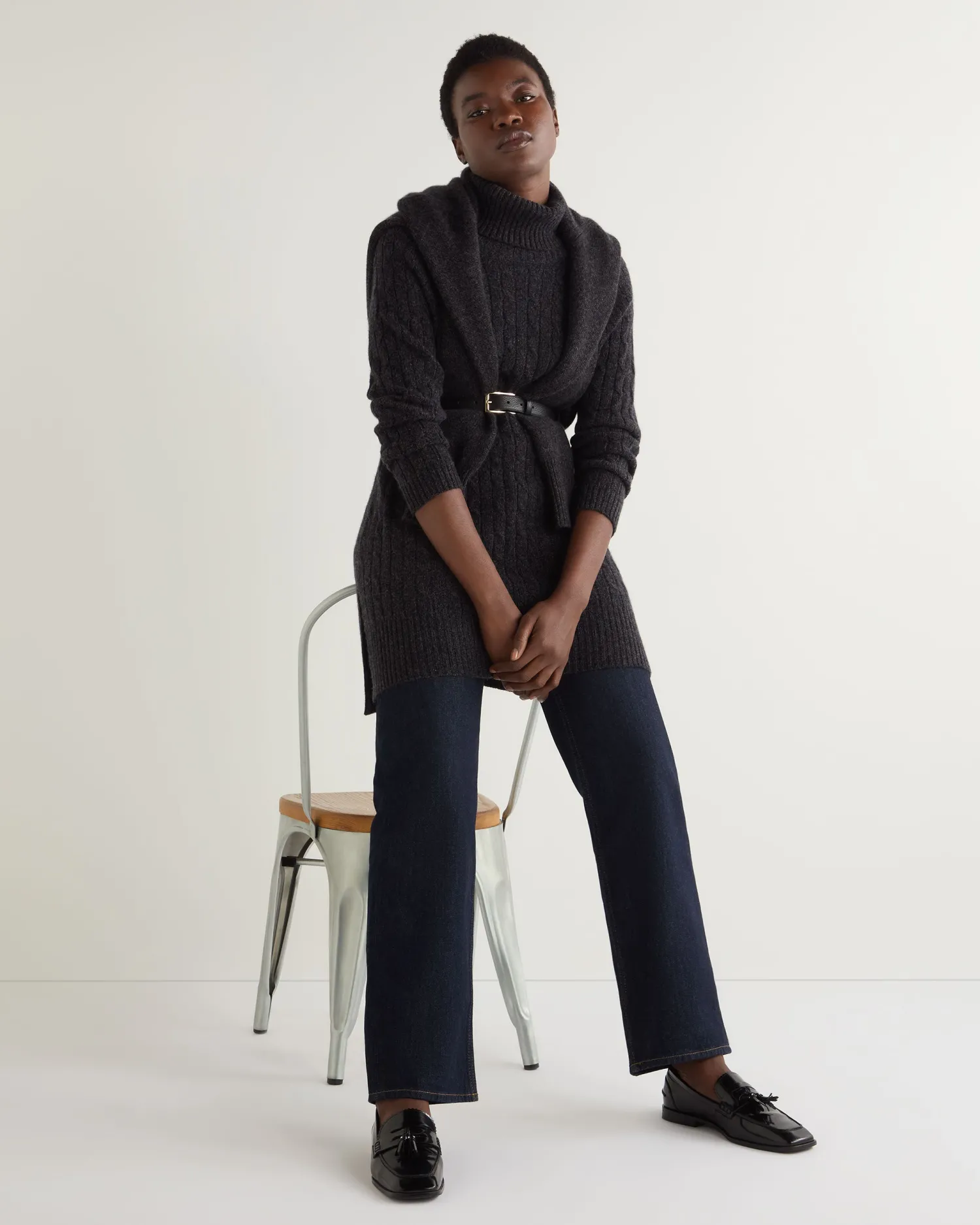 Women N.Peal Dark Grey | Textured Knits*Women's Turtle Neck Cable Cashmere Tunic