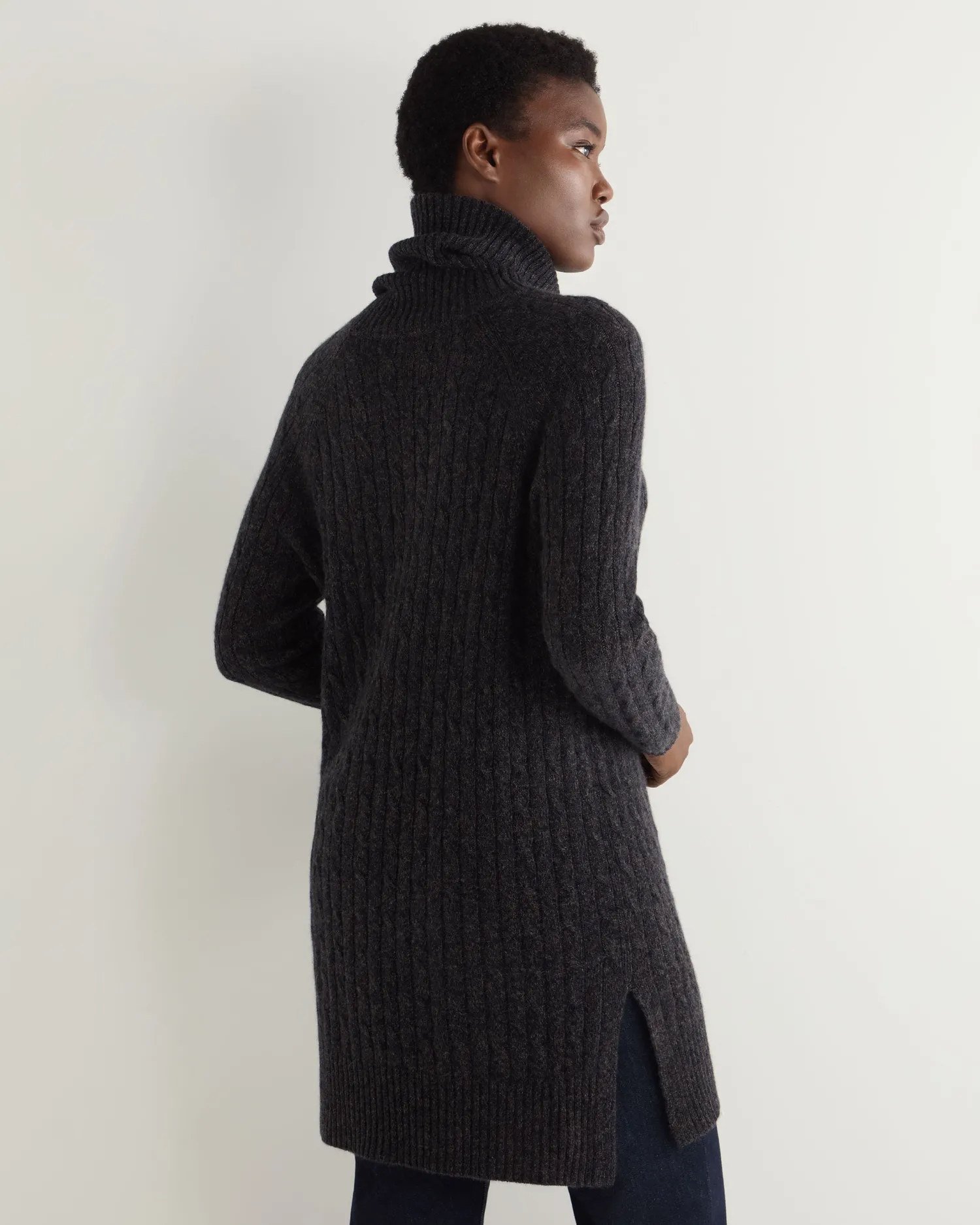Women N.Peal Dark Grey | Textured Knits*Women's Turtle Neck Cable Cashmere Tunic