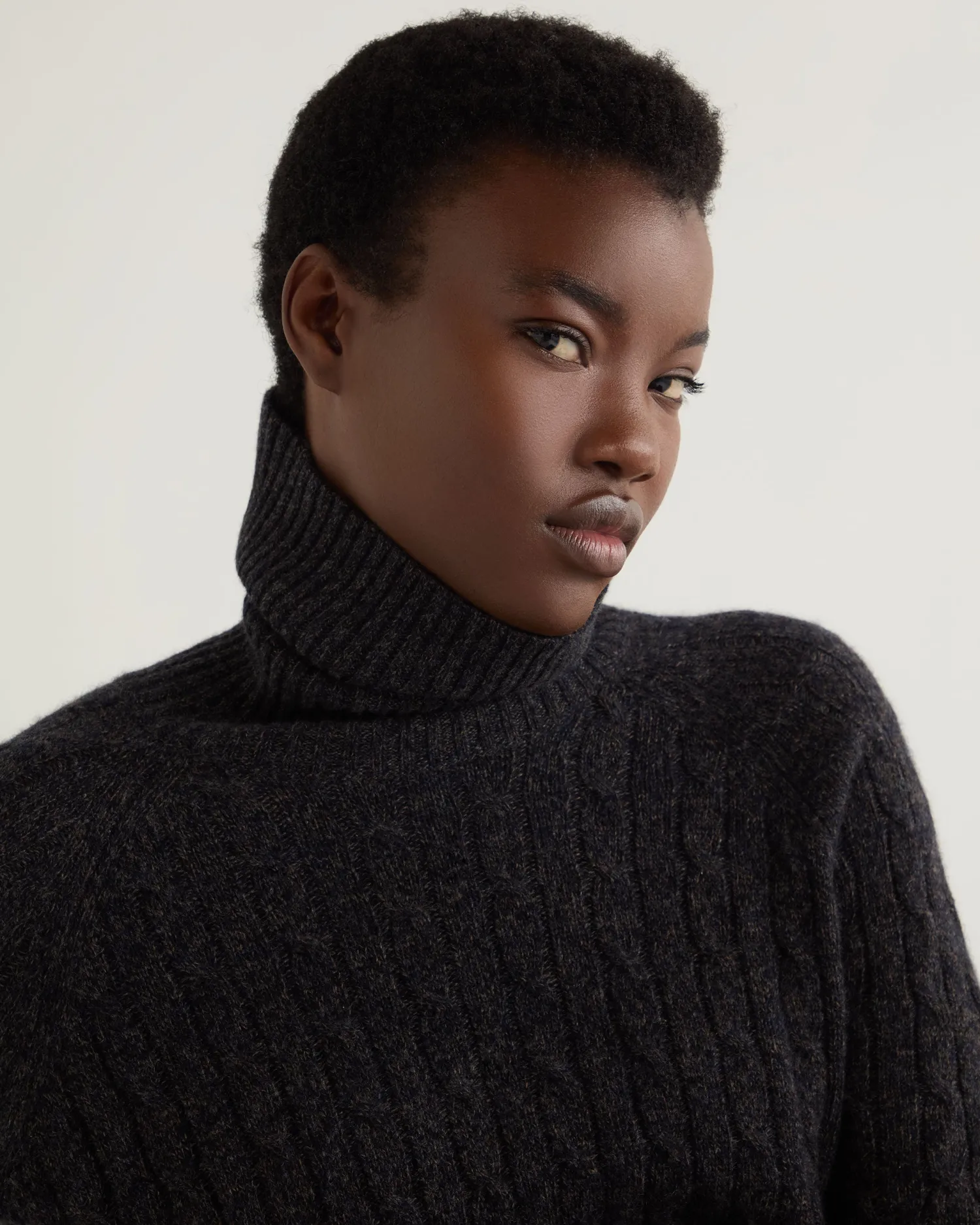 Women N.Peal Dark Grey | Textured Knits*Women's Turtle Neck Cable Cashmere Tunic