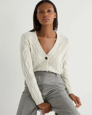 Women N.Peal Natural | Light Grey*Women's V Neck Cable Cashmere Cardigan With Lurex
